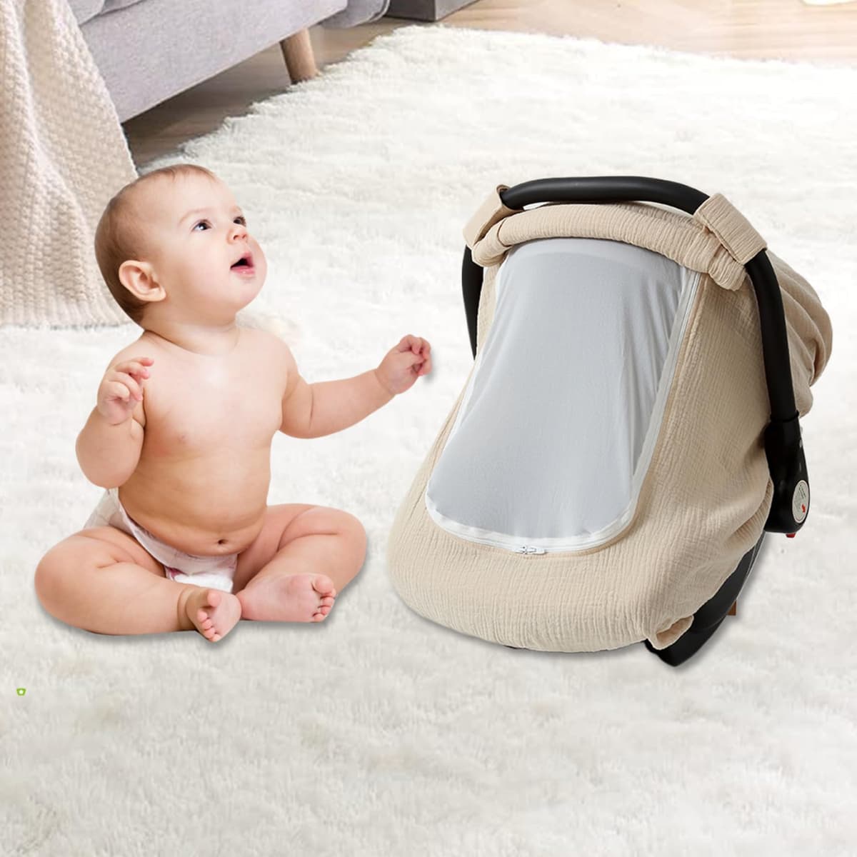 Car Seat Cover Baby 360 Protection Cotton Gauze Baby Car Seat Cover with Breathable Mesh Fabric Lightweight for Boys Girls, Light Khaki — view 3