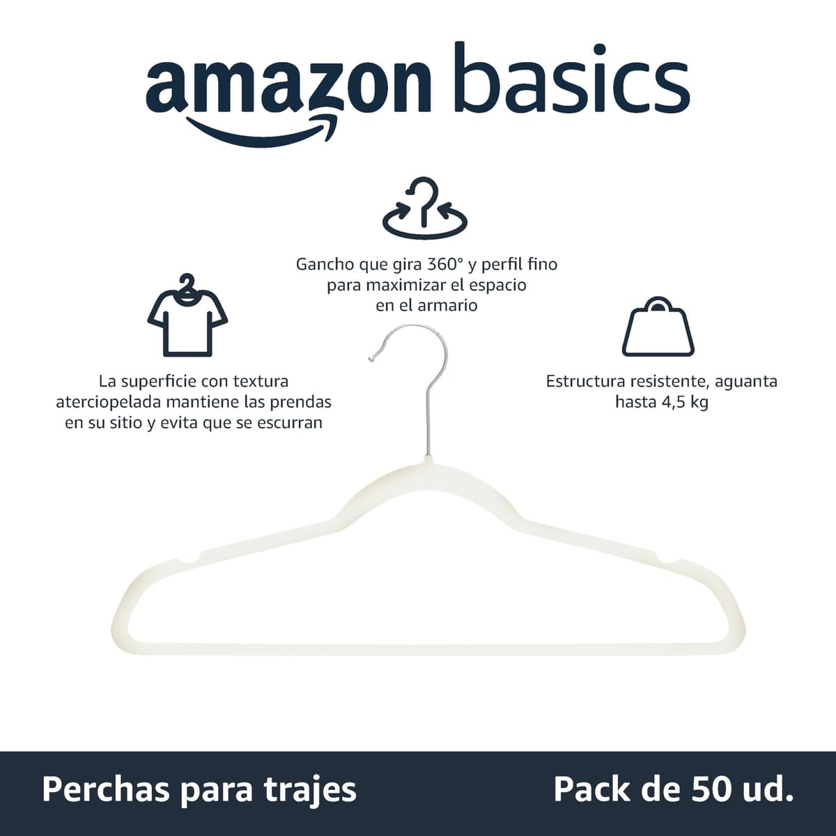 Amazon Basics Perchas de Terciopelo para Trajes - Paquete de 50, Marfil — view 2