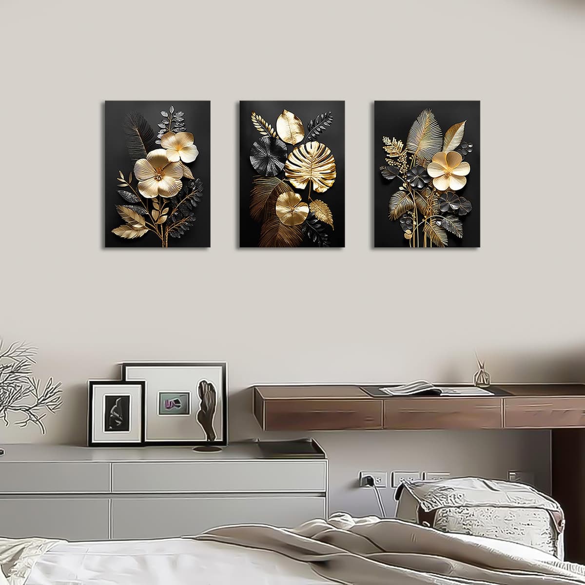 3 Panels Wooden Framed 3D Black Gold Flowers Canvas Wall Art Tropical Monstera Coconut Leaves Painting on Canvas Prints Pictures for Living Room Bedroom Home Wall Decoration 90x40cm(12"x16"x3pcs) — view 2
