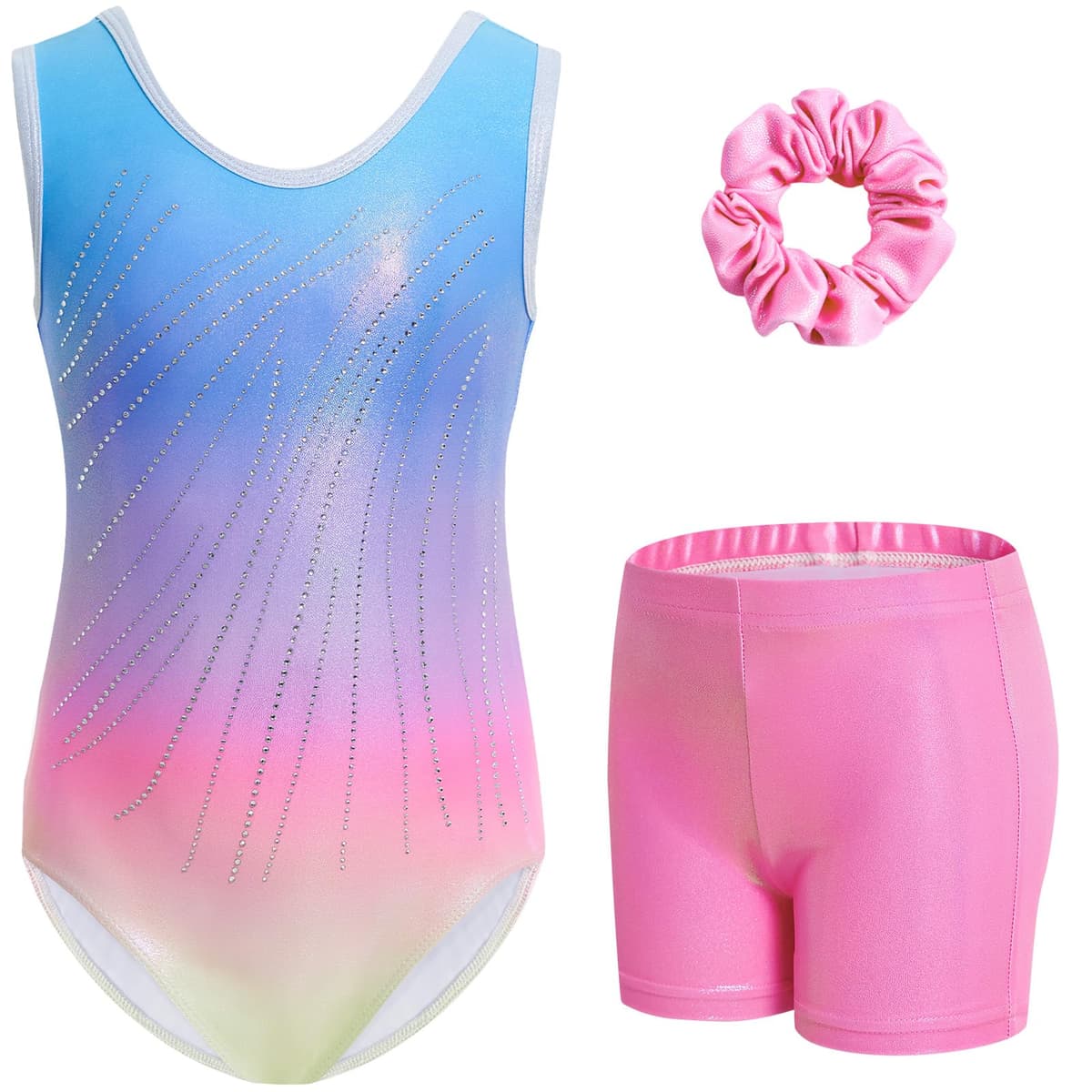 Gogokids Conjunto de gimnasia de tres piezas para niña, cuello en Y, sin mangas, con pantalones cortos y diadema, traje de gimnasia con diseño de bloques de color azul y morado, 3-12 años — view 27