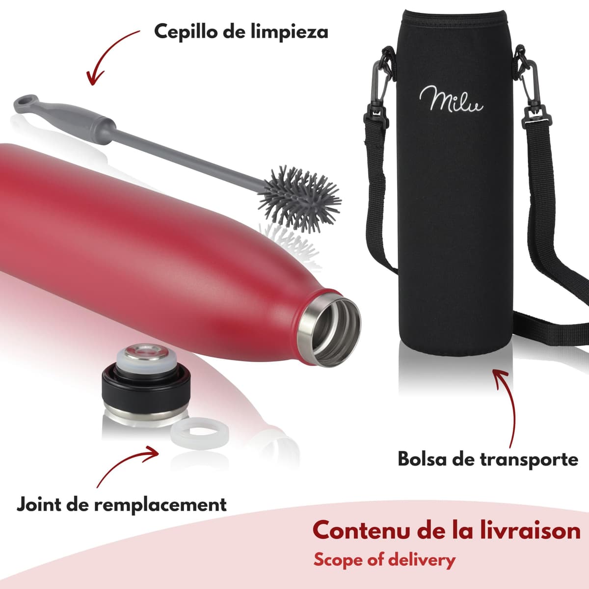 Milu Botella de acero inoxidable de 350ml 500ml 750 ml 1 L 1,5 L botella de agua aislada, termo a prueba de fugas, doble pared, apta para ácido carbónico + cepillo de limpieza (Azul Violeta, 350ml) — view 50