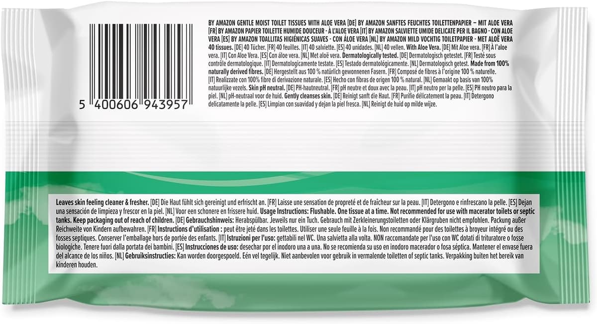 by Amazon Gentle Moist Toilet Tissues with Aloe Vera, Flushable, 240 Count (6 Packs of 40 sheets) — view 3