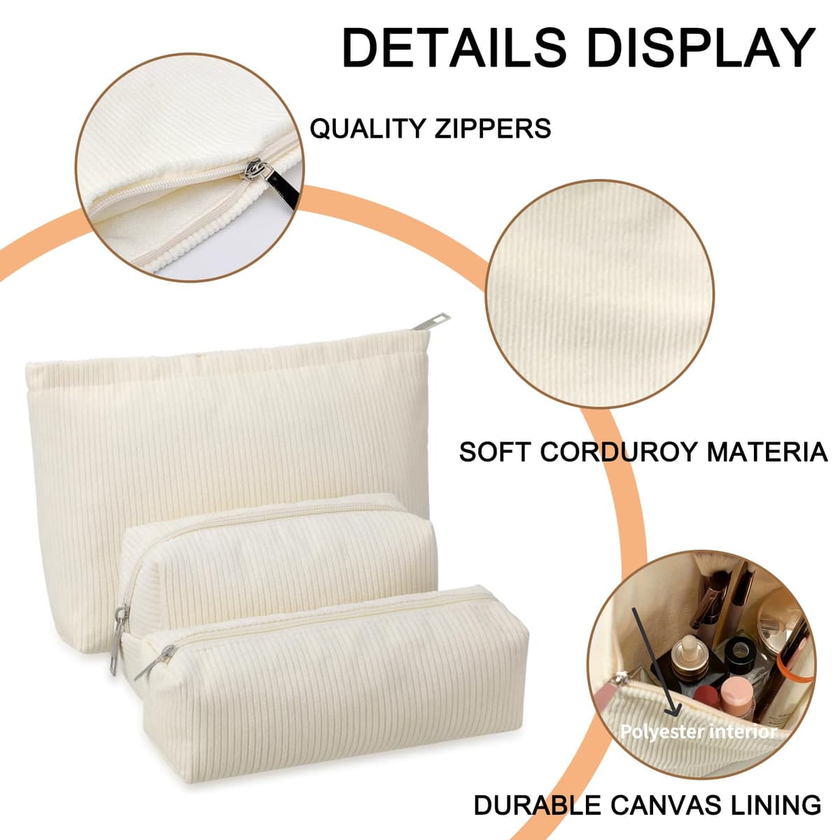 JSTHHTT 3PC Neceser Maquillaje Mujer, Neceser Mujer, Neceser Viaje Mujer, Bolsas de Cosméticos de Tejido de Pana con Cremallera, Bolsa Maquillaje, Bolsa de Maquillaje Portátiles, Accesorios Viaje — view 4