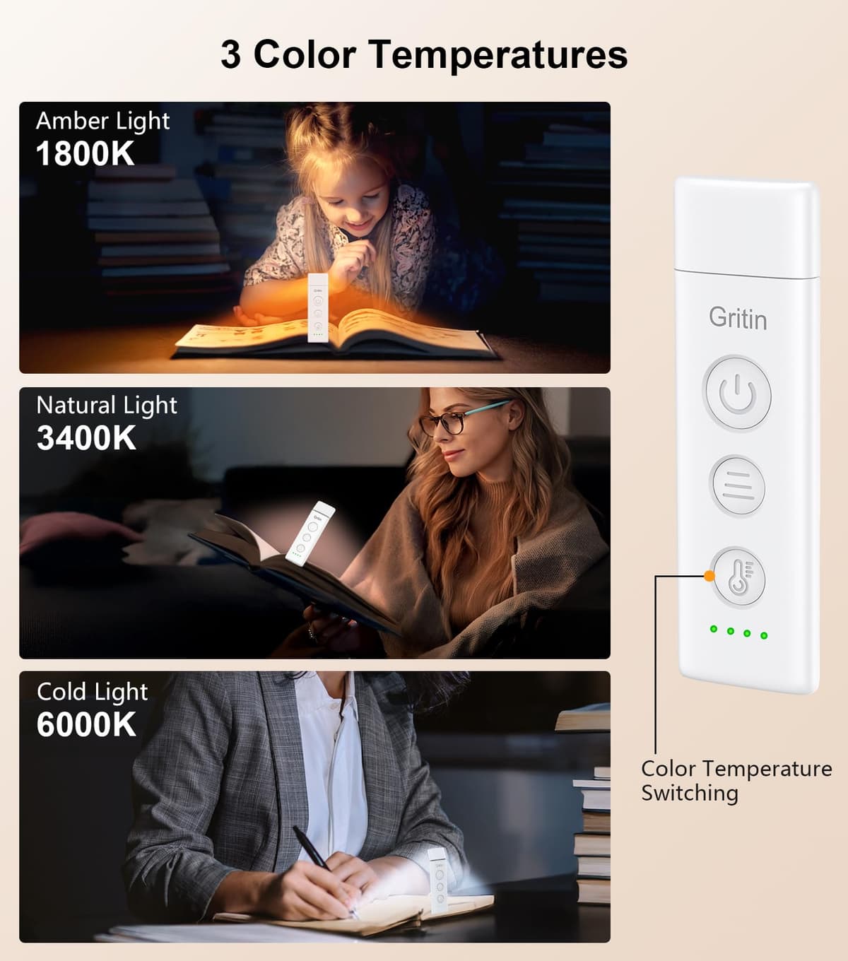 Gritin Book Light Rechargeable, Reading Light Lamp Clip on Books, 3 Eye-Protecting Modes (Mixed/White/Amber), 5 Brightness & Stepless Dimming, Long Battery Life, Flexible Reading Lamp for Readers — view 3