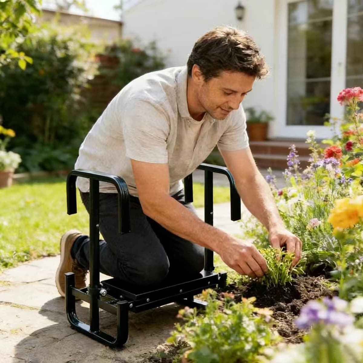 Asiento de Jardín Kneeler 2 en 1 con Bolsa para Herramientas, 60x52x27cm Banco de Jardinería Plegable, Portátil y Plegable Banco de Rodillas, Taburete Reclinatorio de Jardín (Negro) — view 2