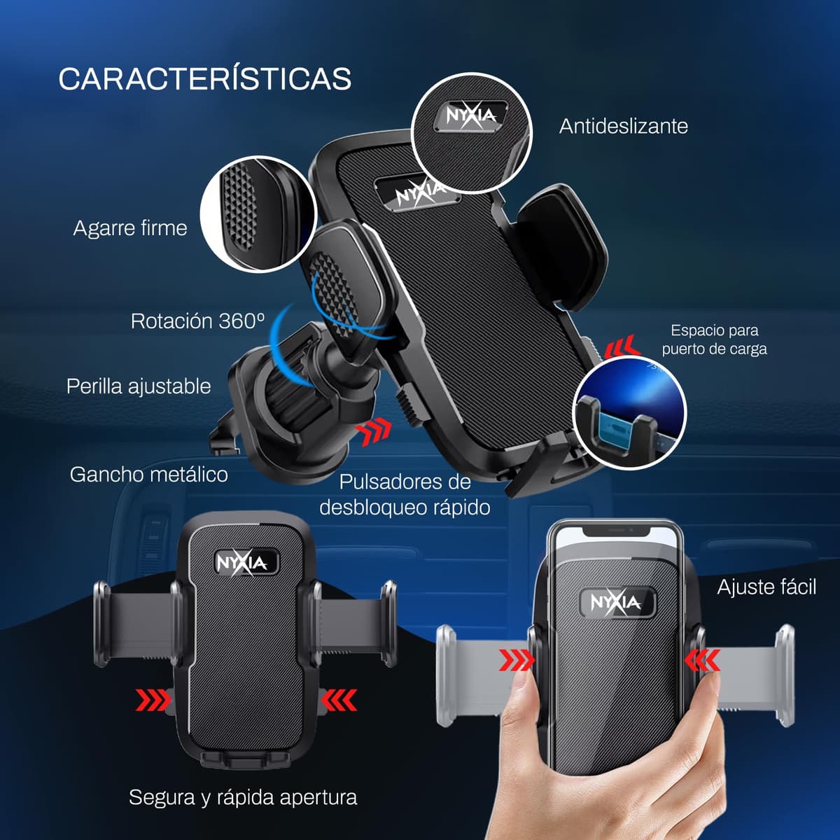 Nyxia Car Mobile Holder | Metal Hook | Universal Car Phone Holder for Super Stable Ventilation Grille | 360º Rotation | Use with One Hand | Compatible with Mobile Phone from 4 Inches to 7 Inches — view 4