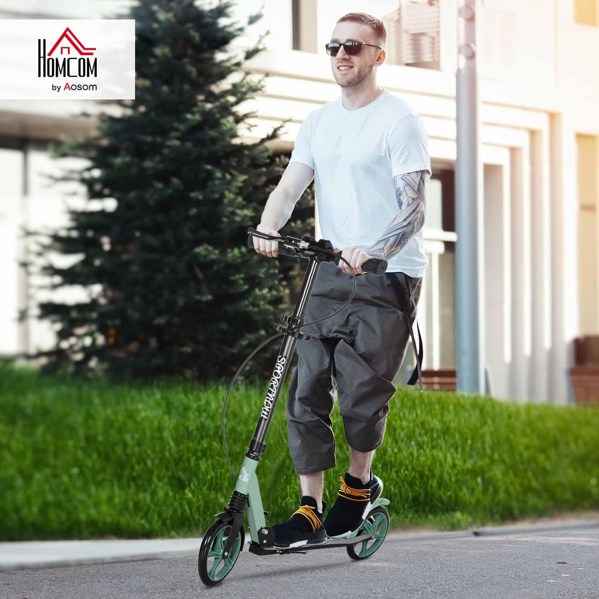 HOMCOM Patinete Plegable para Adultos y Niños de +14 Años Scooter Ligero con Manillar Ajustable Grandes Ruedas Ø200 mm Amortiguador y Freno Aluminio Carga 100 kg 91,5x36,5x91-104 cm — view 2