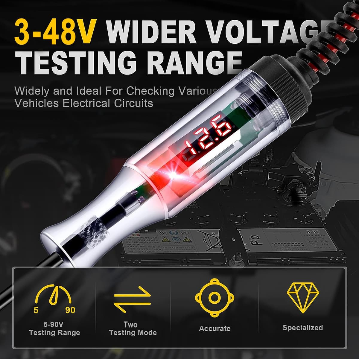 Greluma 1 Piece 3-48V Automotive Circuit Tester with Voltmeter,Heavy Duty LED Backlight Display Test Light,Two-Way DC Voltage Tester — view 2