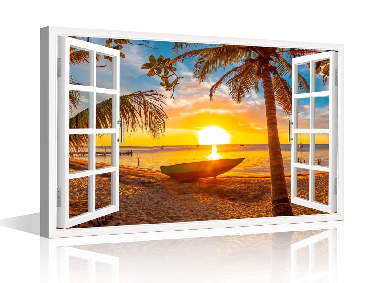 TISHIRON 3D Window View Seaside Effect Canvas Wall Art Prints for Living Room Bedroom Decor Office Kitchen Home Decoration Framed Ready to Hang 12x18inch — view 22