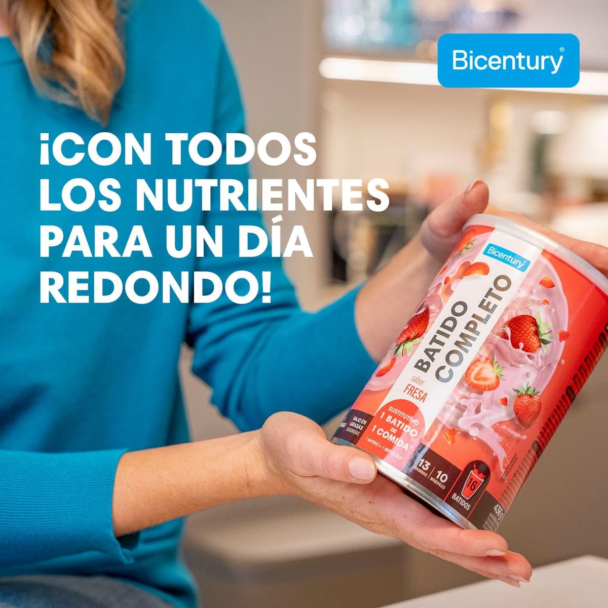 Bicentury Batido Completo Sustitutivo de Comida Sabor Fresa, Rico en Proteínas, Bajo en Grasas, Un batido equivale a una comida completa, 436 g, 16 raciones — view 2