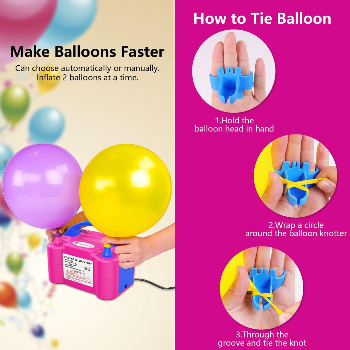 IDAODAN Electric Balloon Pump, Portable Electric Balloon Blower Machine Balloon Air Pump Dual Nozzle Rose Red 110V 600W Balloon Inflator for Party Decorations — view 5