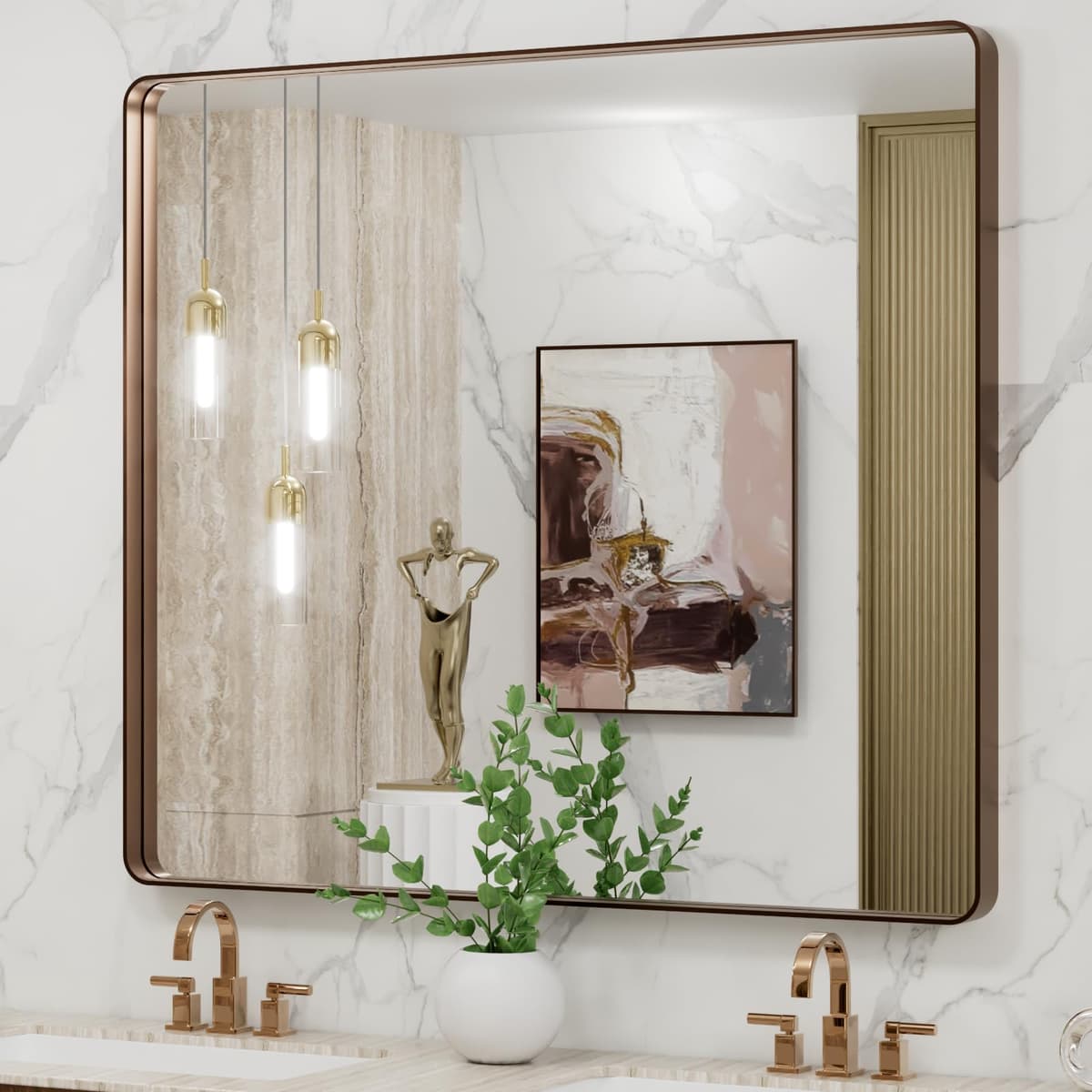 LOAAO 48”X36” Gold Bathroom Mirror, Rounded Rectangle Gold Frame Mirror, Brushed Gold Bathroom Vanity Mirror Wall-Mounted, Anti-Rust, Tempered Glass, Hangs Horizontally or Vertically — view 90