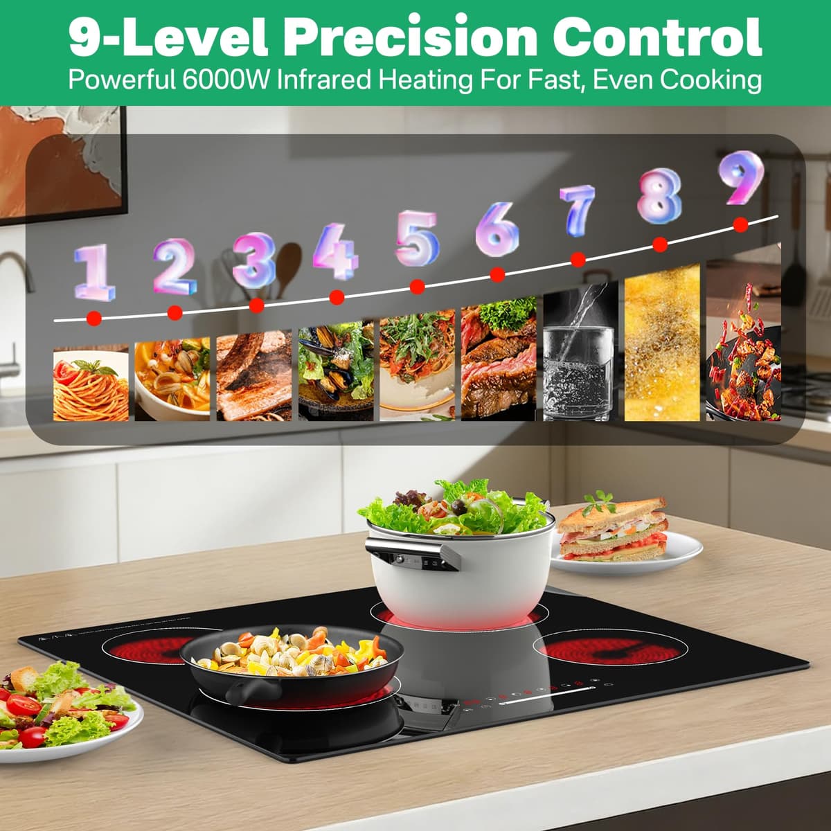 60cm Electric Ceramic Cooktop 4 Zones, 6000W Built-in Glass Ceramic Hob, Slider Touch Control, Single Ring Cooking Zones,No Plug 560×490mm — view 4