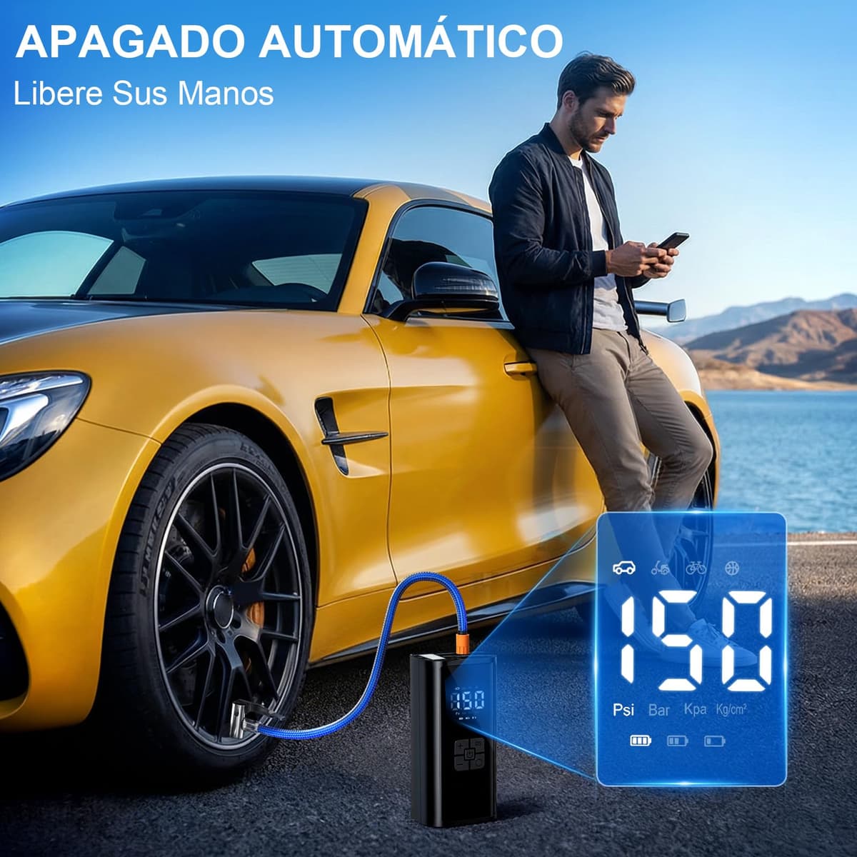 Compresor Aire Portátil, Inflador Ruedas Coche, 150PSI 12V 6000mAh Mini Compresor de Aire con Luz LED, Hinchador Ruedas Coche para Bicicleta, Coche, Moto, Vcooter, Balones — view 4