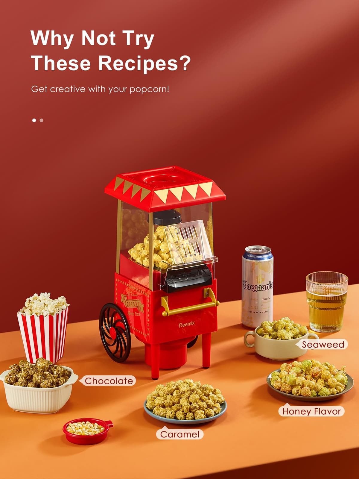 Popcorn Maker, Reemix Popcorn Machine, Retro Design, 1200W Popcorn Machine without Oil or Butter, Easy to Use and Clean, Safe and Durable, Ideal for Parties — view 5