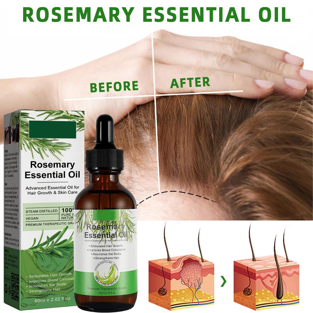 Aceite de Romero Para el Cabello, Aceite de Romero Para Mujeres y Hombres, Orgánic Rosemary Oil de La Piel, Cejas, Pestañas, Nutre el Cuero Cabelludo y Estimula el Crecimiento del Cabello (60ML) — view 5