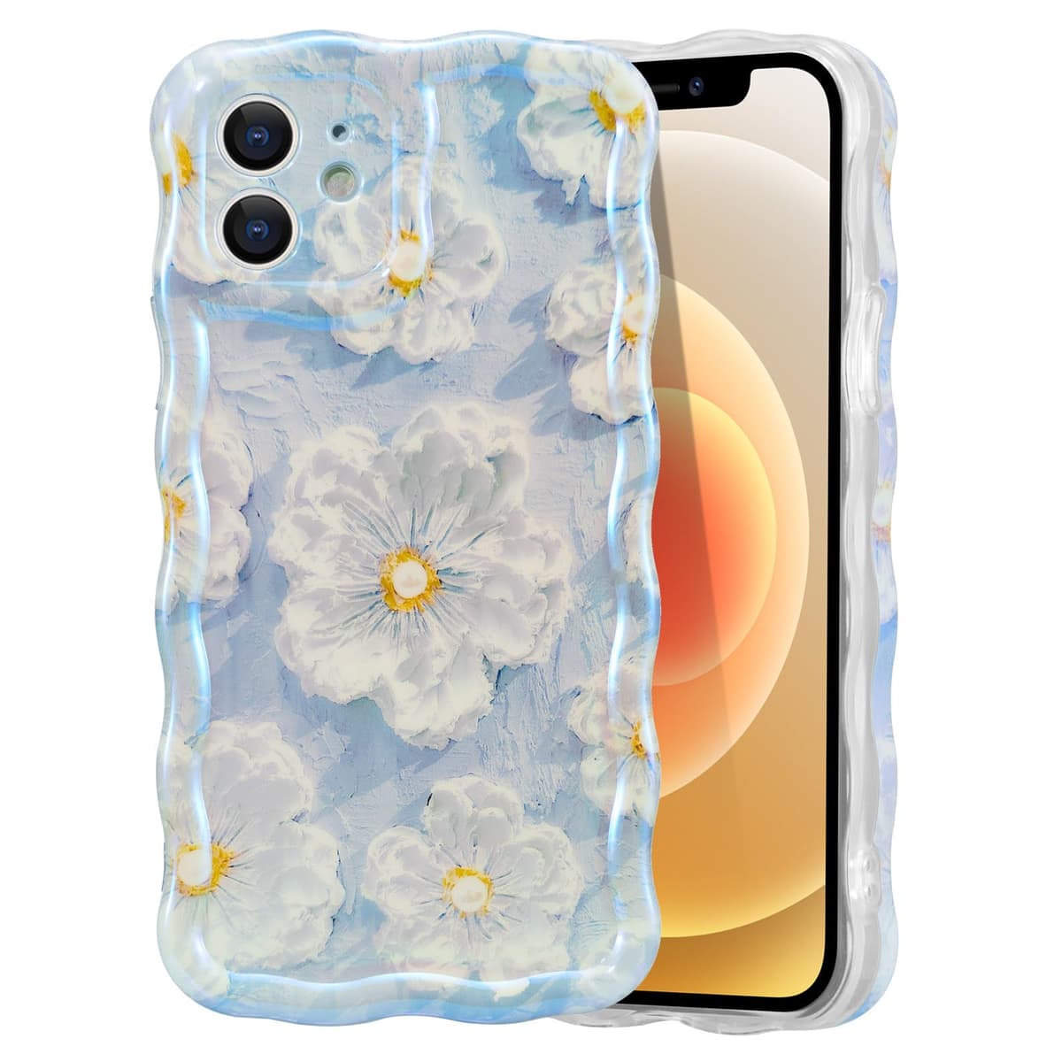 EYZUTAK Case for iPhone 16, Colorful Retro Oil Painting Printed Flower Laser Glossy Pattern Cute Curly Wave Edge Exquisite Phone Cover Stylish Durable TPU Protective Case for Girl Women-Green — view 20