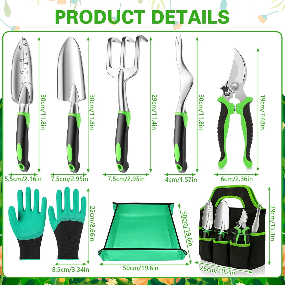 8 Piezas Kit Jardineria Aluminio y Acero Inoxidable,Juego de Herramientas de Jardineria Adultos con Guantes Alfombra para Trasplante y Bolsa Portátil Aficionados al Jardín — view 2