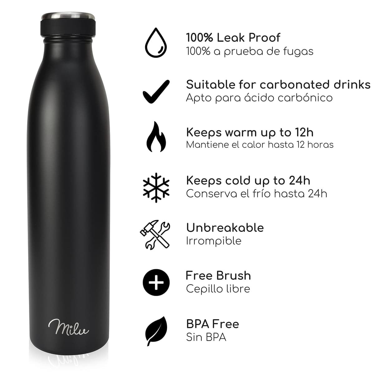 Milu Botella de acero inoxidable de 350ml 500ml 750 ml 1 L 1,5 L botella de agua aislada, termo a prueba de fugas, doble pared, apta para ácido carbónico + cepillo de limpieza (Azul Violeta, 350ml) — view 122