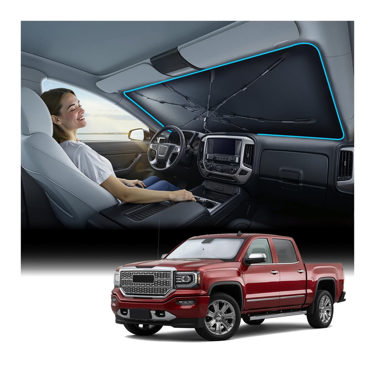 [Upgraded] Nmoiss Windshield Sun Shade Umbrella - [Vinyl Coating Heat Shield] Protect Car from Sun Rays & Heat Damage Keep Cool and Protect Interior, Spring Structure Edge Medium 56" L x 31" W — view 14