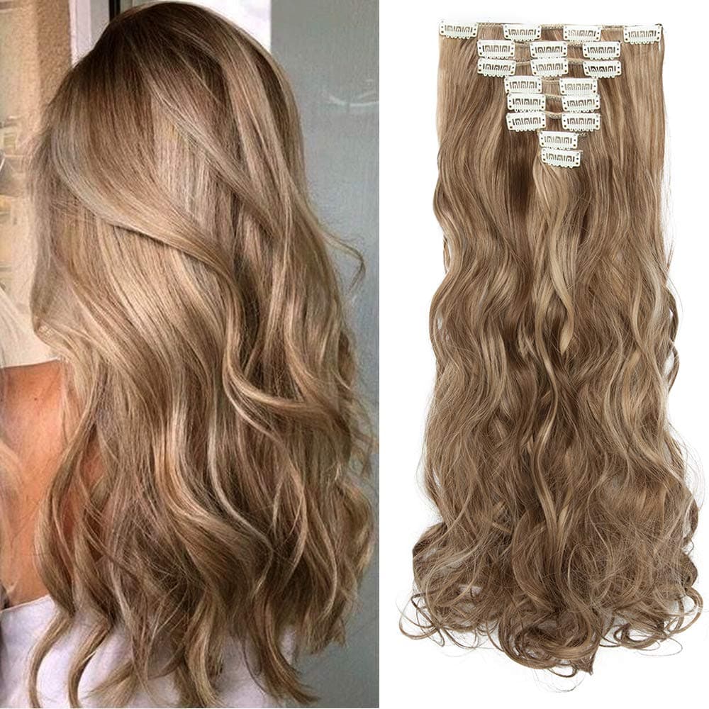 24"(60cm) SEGO Extensiones de Cabello Clip de Pelo Sintético Se Ve Natural 8 PCS [Sandy Rubio mezcla Blanqueador Rubio] Rizado Ondulado Largo Postizos Pelucas (140g) — view 34