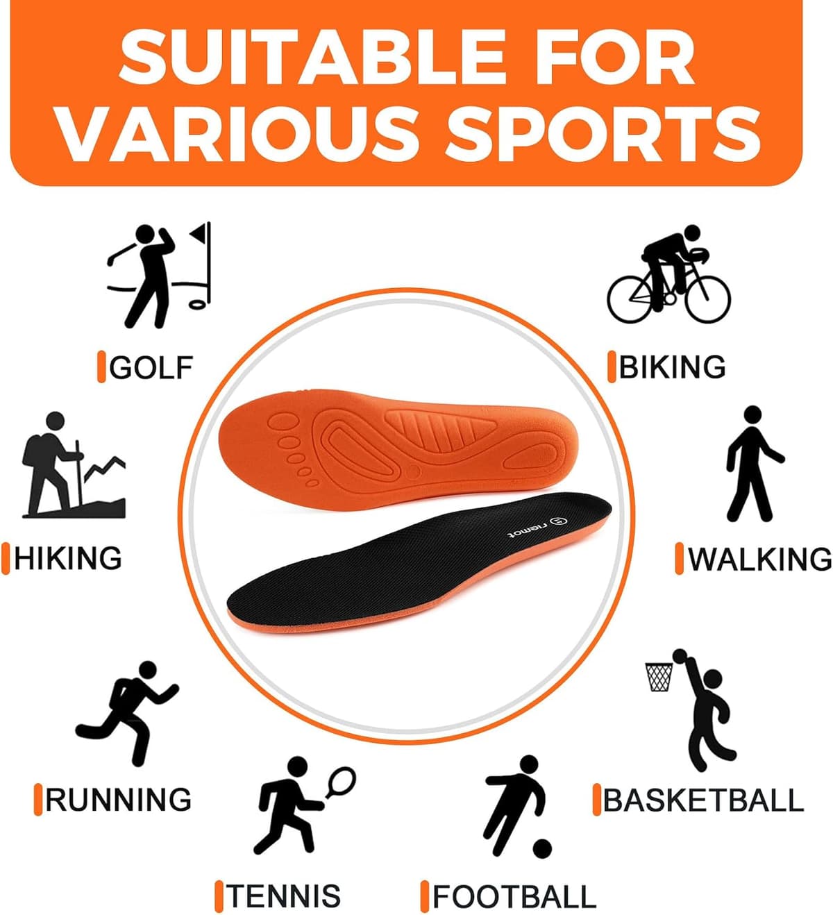 riemot Sport Insoles for Men & Women – Shock-Absorbing Sports Insole for Running, Walking, Cushioned Breathable Shoe Inserts for Hiking, Active Lifestyles Soft Inner Soles 1 Pair 3 Black — view 4