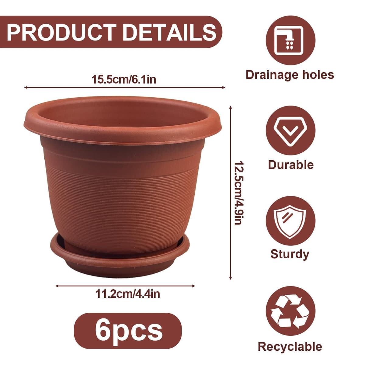 6Pack 15.5cm/6.1-in Plant Pots Indoor Plastic Flower Pots with Drainage Holes and Saucers Modern Decorative Planters Succulent Indoor Outdoor Plants - Terracotta — view 2