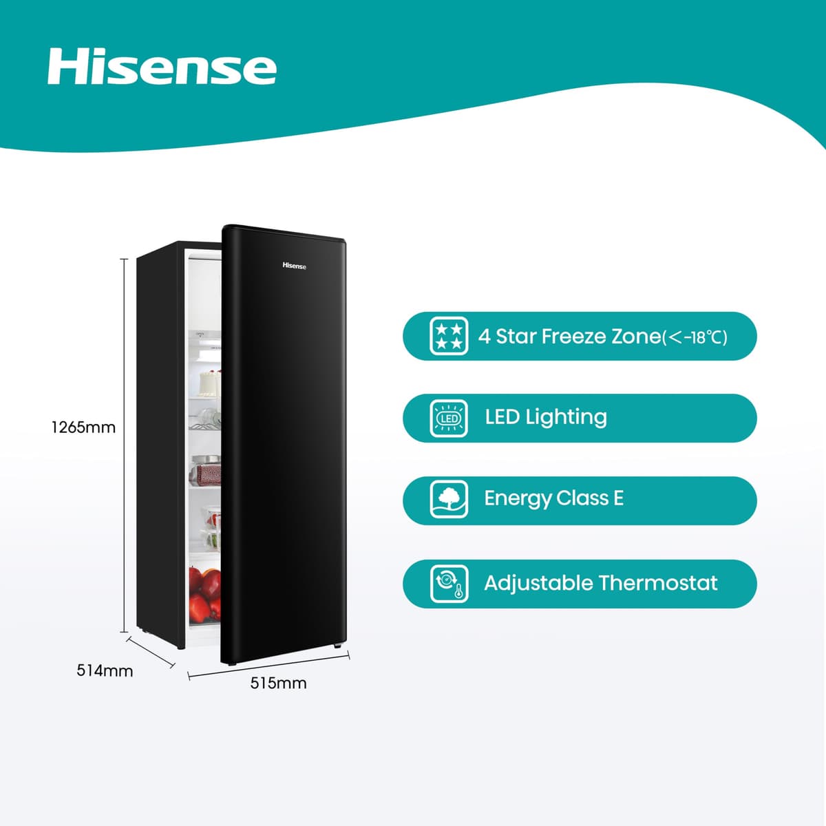 Hisense RR220D4BBE 52cm Freestanding Retro Fridge - 165-litre capacity with 4 star Ice box - Auto Defrost - Wine Rack - Black- E Rated, H128 x W51.9 x D51.3 — view 2