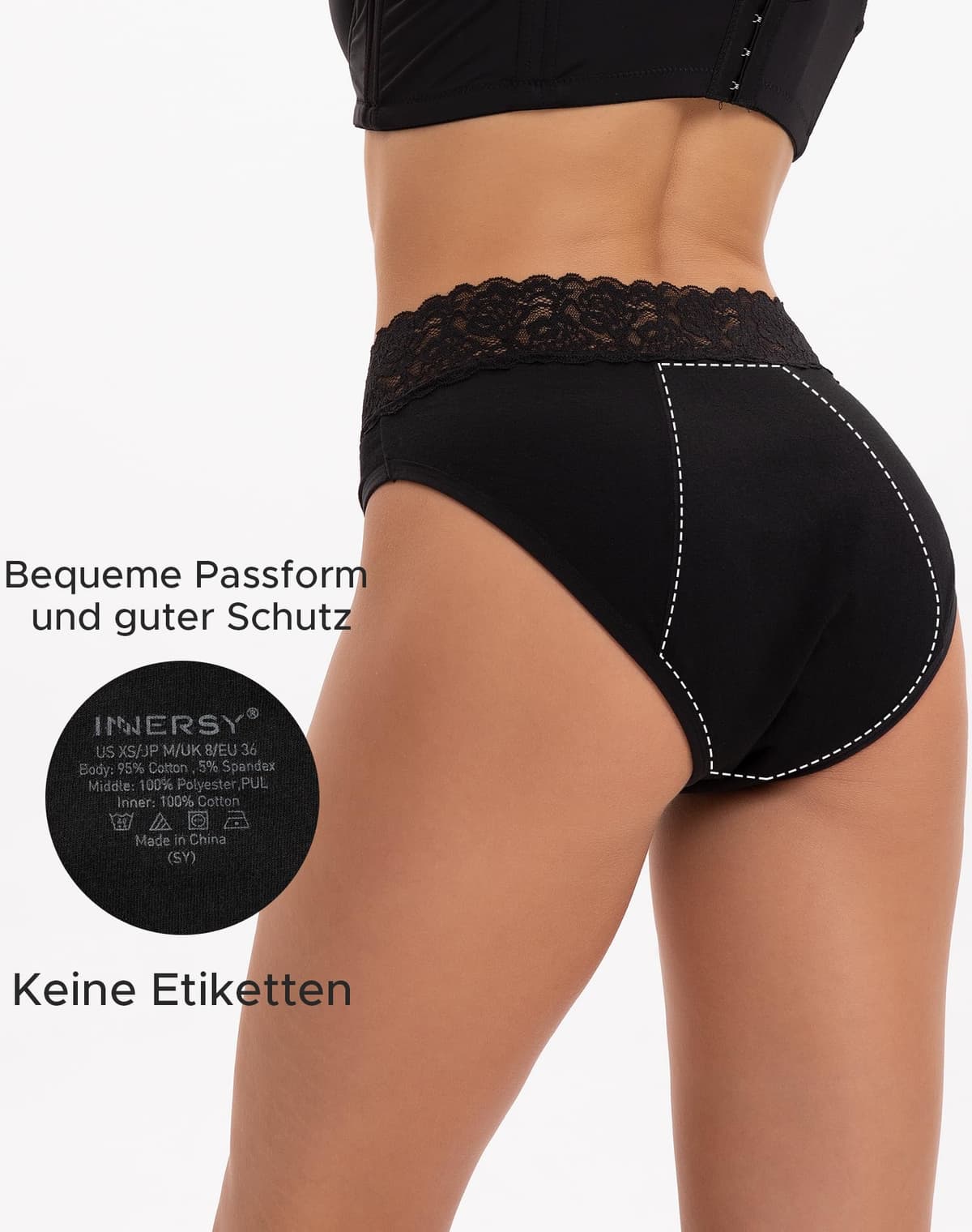 INNERSY Bragas Menstruales Algodon con Encaje Braga Menstrual Mujer Flujo Ligero/Medio Lavables Pack de 3 — view 4