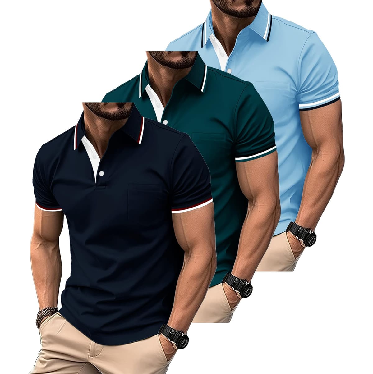 ZITY Polo para Hombre Paquete de 3 Polo Manga Corta Camiseta Golf Trabajo Transpirable Camiseta Informal con Bolsillo Verano Tres Piezas T Shirt para Vacaciones