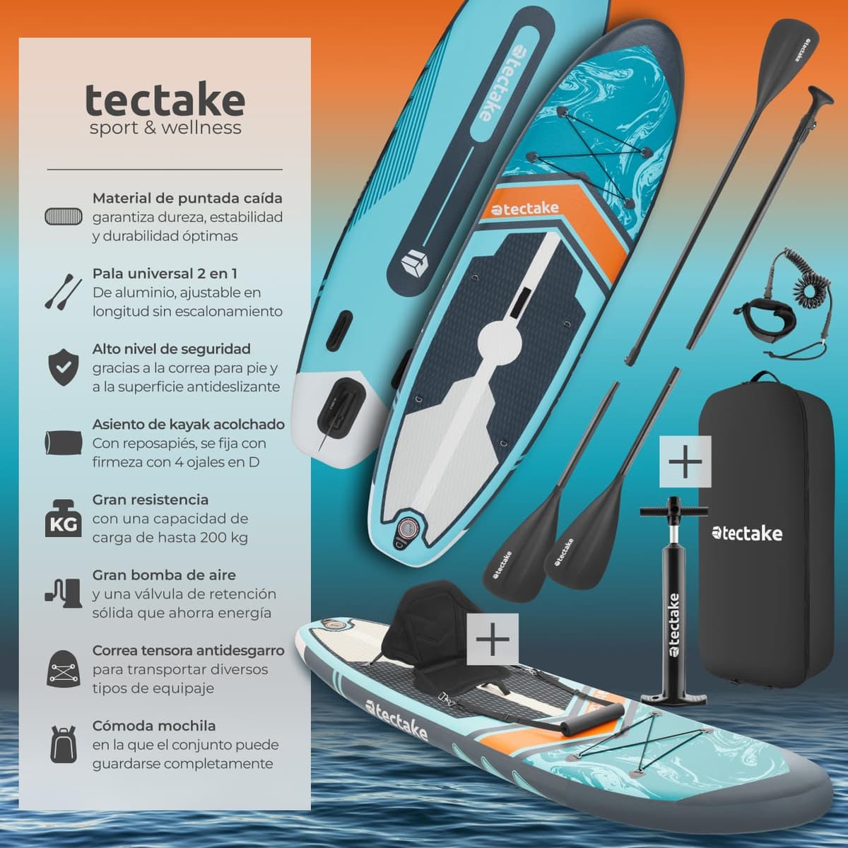 tectake® Tabla de Paddle Surf Hinchable, Incluye Remo 2 en 1, Asiento de Kayak, Bomba de Aire, Mochila de Transporte, Stand Up Paddle, Accesorios Paddle Surf, Tabla Hinchable — view 2