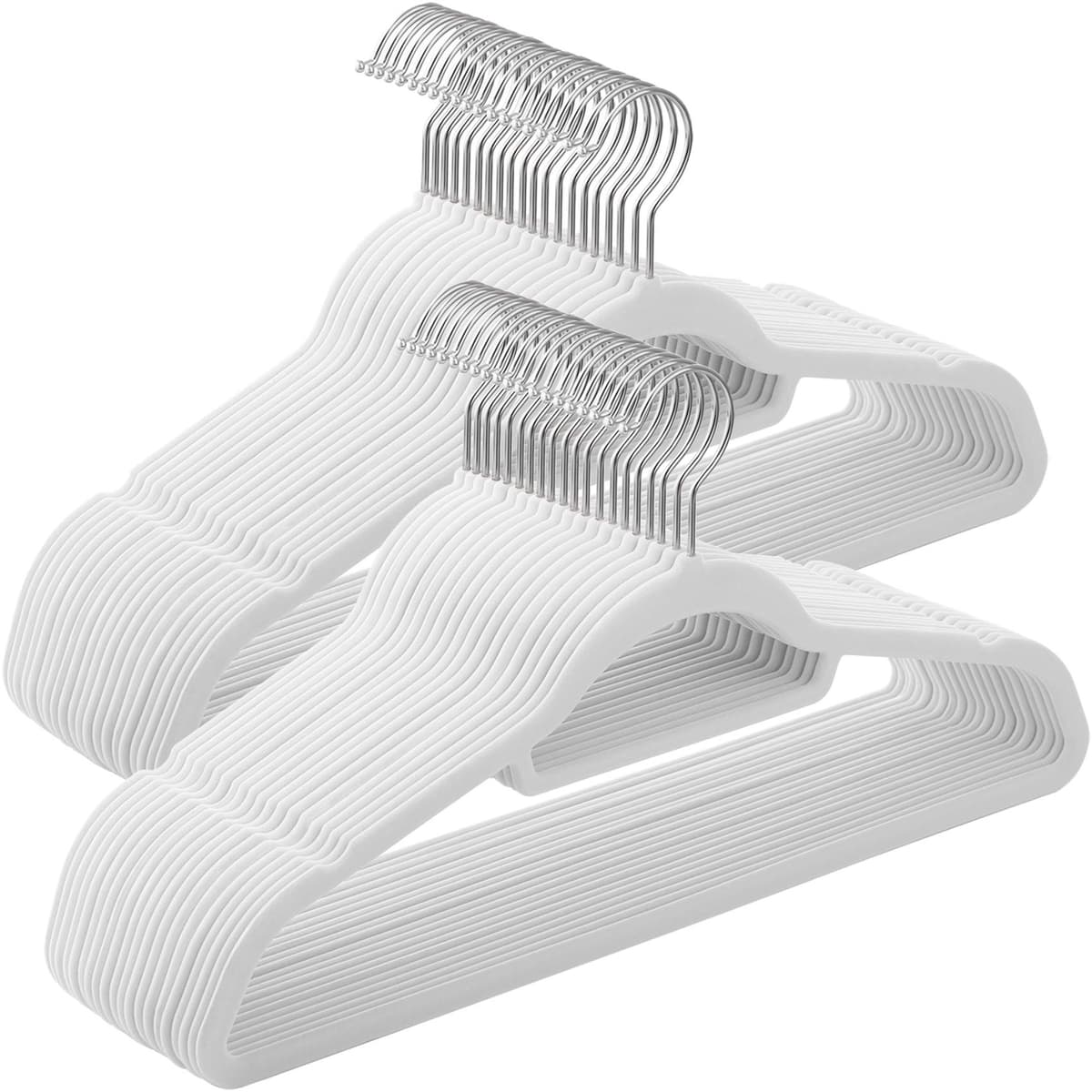 SONGMICS Percha de Terciopelo, Juego de 50, Antideslizantes, con Barra Corbata y Gancho Negro, 0,6 cm Espesor, Ahorra Espacio, 43,5 cm Largo, Abrigo Pantalón, Blanco Nube y Plata CRF020W02