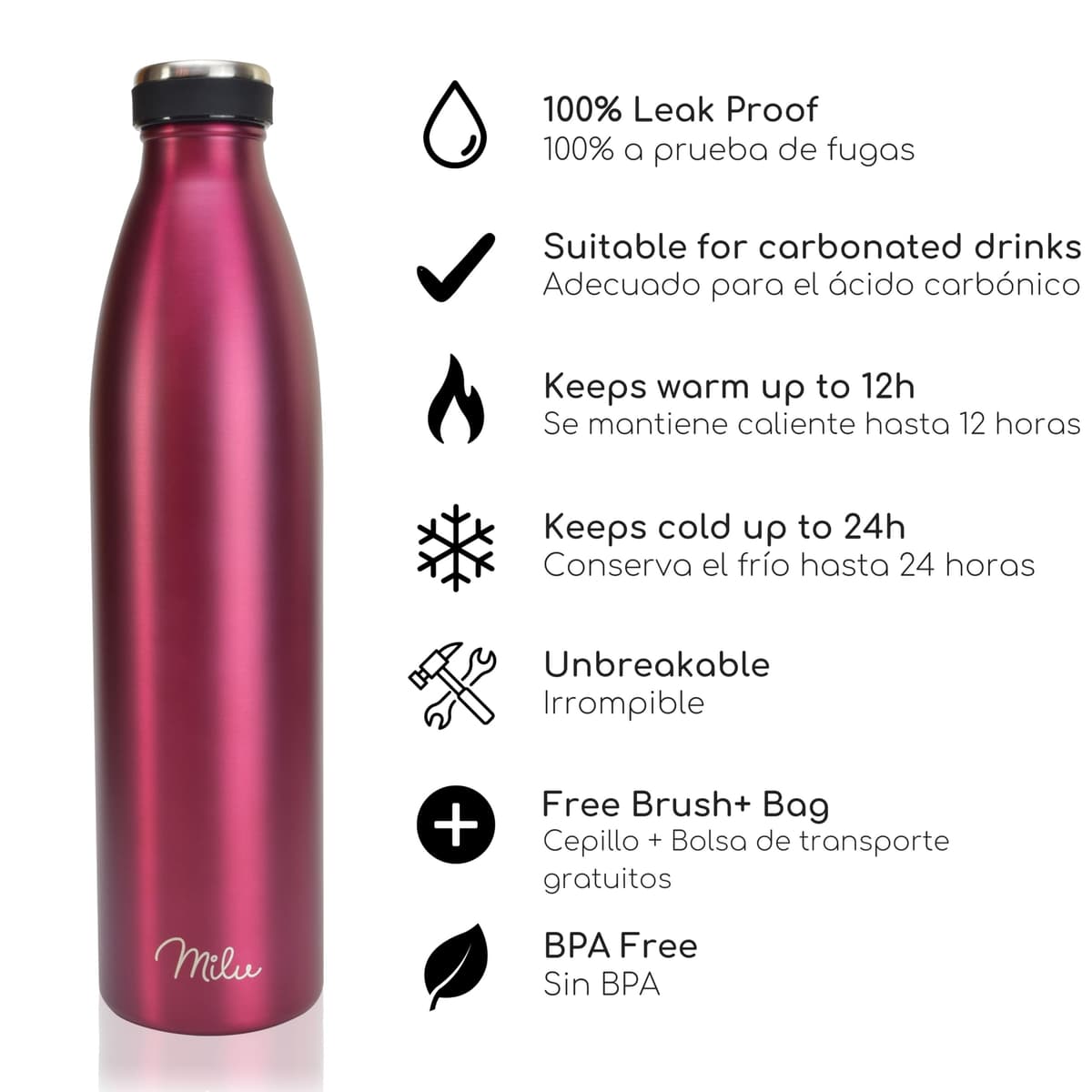 Milu Botella de acero inoxidable de 350ml 500ml 750 ml 1 L 1,5 L botella de agua aislada, termo a prueba de fugas, doble pared, apta para ácido carbónico + cepillo de limpieza (Azul Violeta, 350ml) — view 97