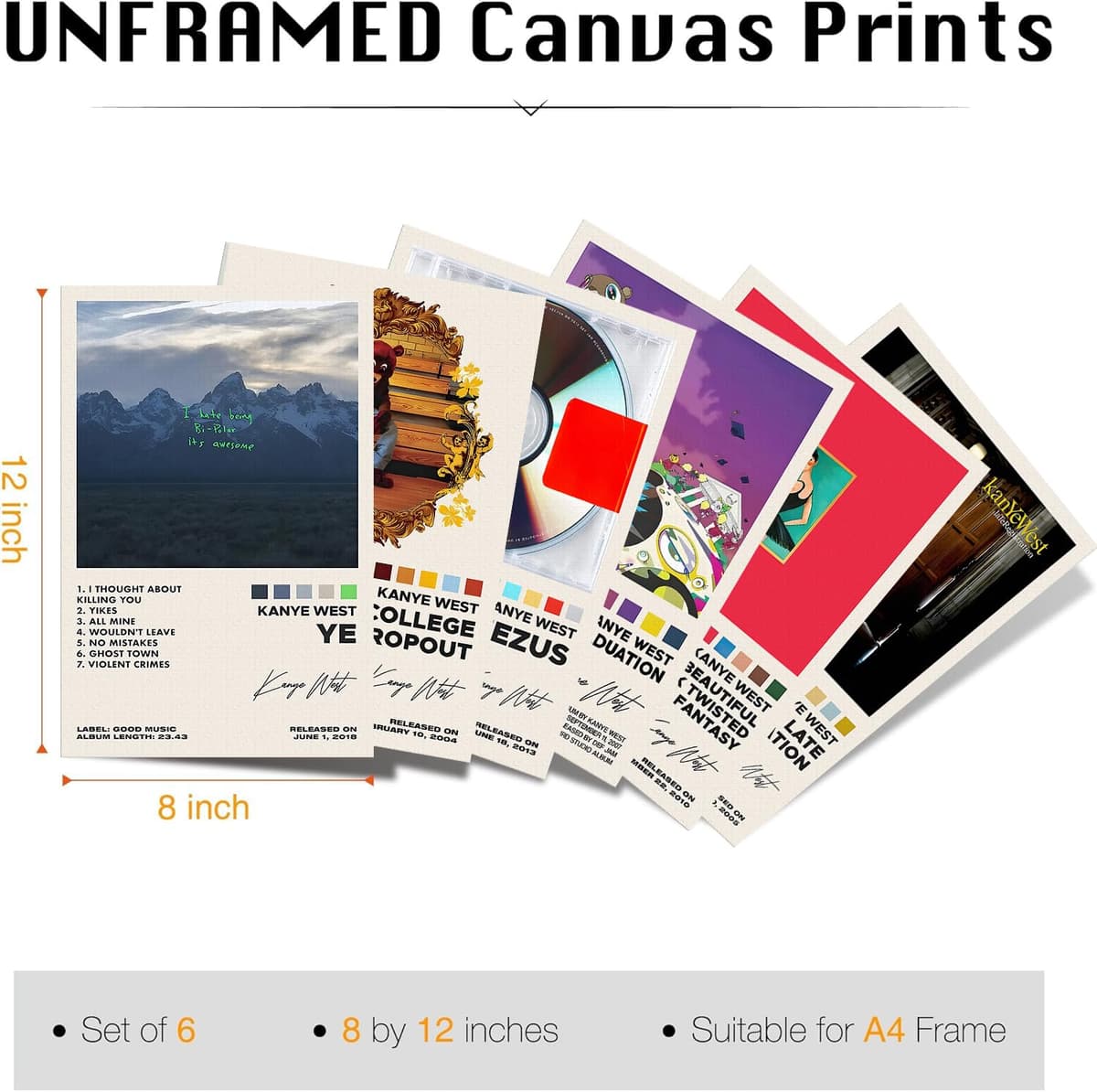 Kanye West Posters Album Cover Signed Limited Posters Prints Rapper Music Posters Room Aesthetic Canvas Wall Art Set of 6 for Teen and Girls Dorm Decor 8x12 inch Unframed — view 2
