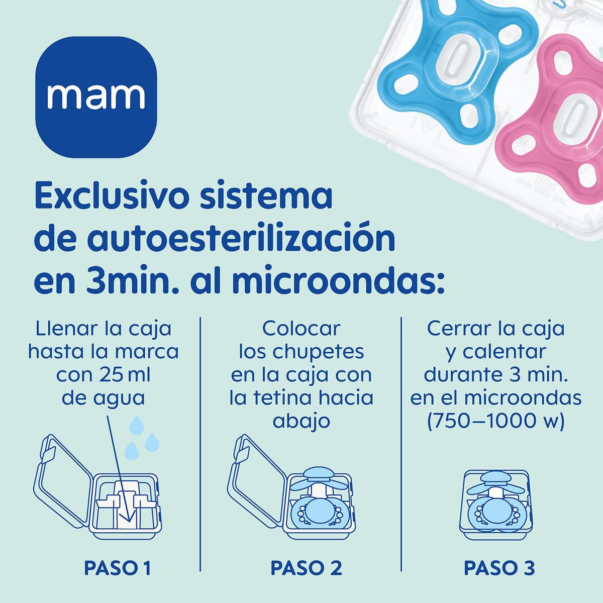 MAM Chupete Todo Silicona, 0-3 Meses, con Tetina Simétrica, Extra Pequeña y Cuello Delgado de Silicona Skin Soft Silicone de Fácil Aceptación, con Caja Autoesterilizadora, MAM Comfort, Rosa, 2uds — view 6
