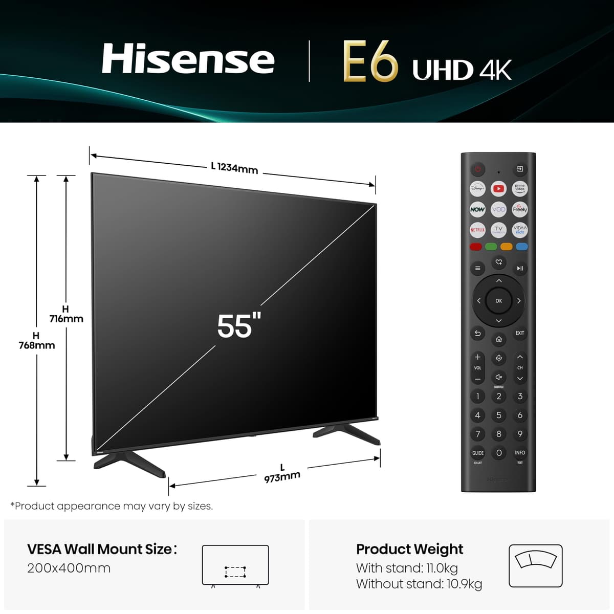 Hisense 55" 55E6QTUK 4K Ultra HD Smart TV AI TV - 4K UHD, Hi-View AI Engine, Precision Colour, AI Smooth Motion, Sports Mode with Freely, Disney +, YouTube, Netflix — view 4