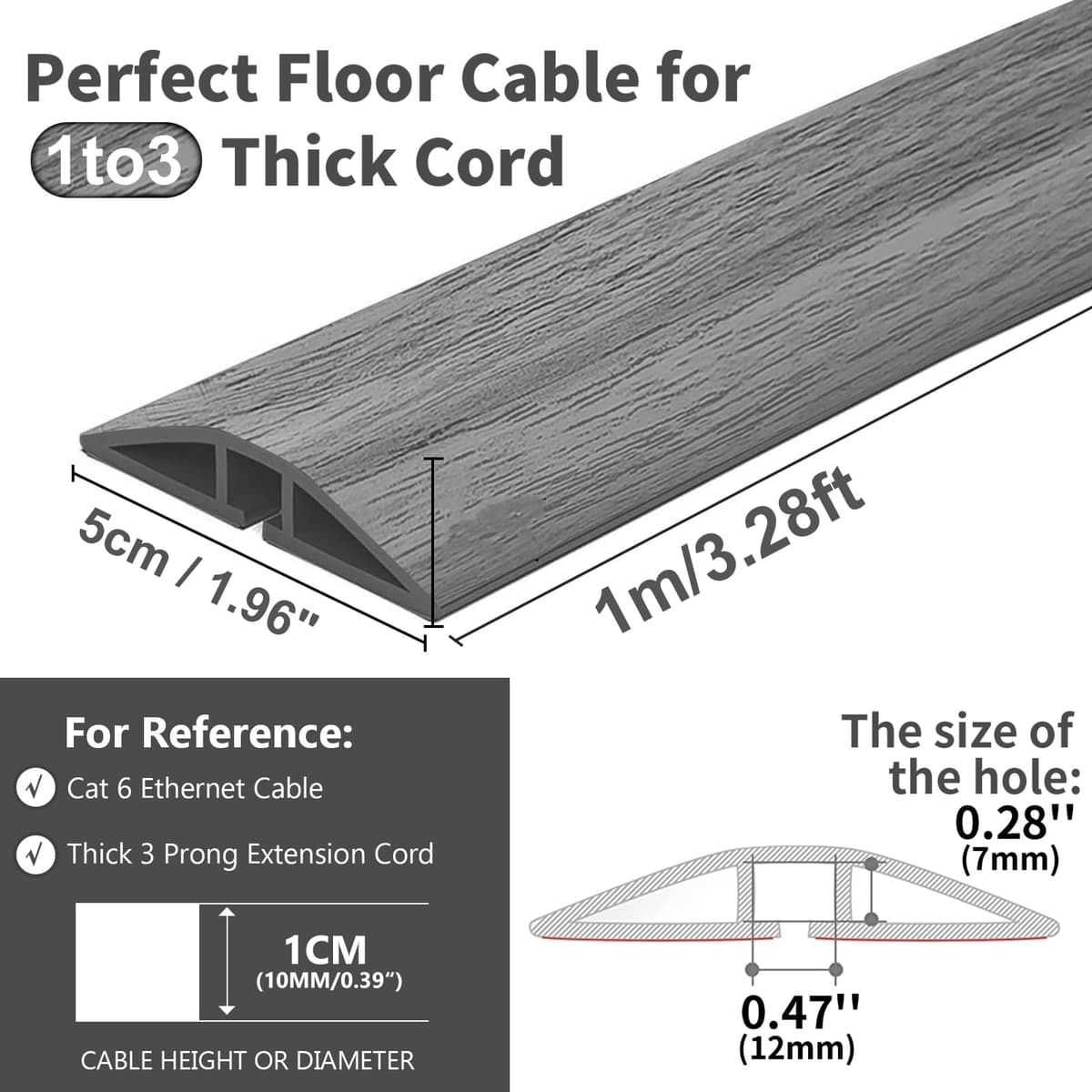 Pasacables Suelo, Canaleta Cables Suelo, 1M x5cm Protector de Cables para Suelo, Cubiertas de Suelo para Cables Autoadhesiva Montaje para Todos los Hogar, Oficina, Escuela, Almacén(Madera Gris) — view 4