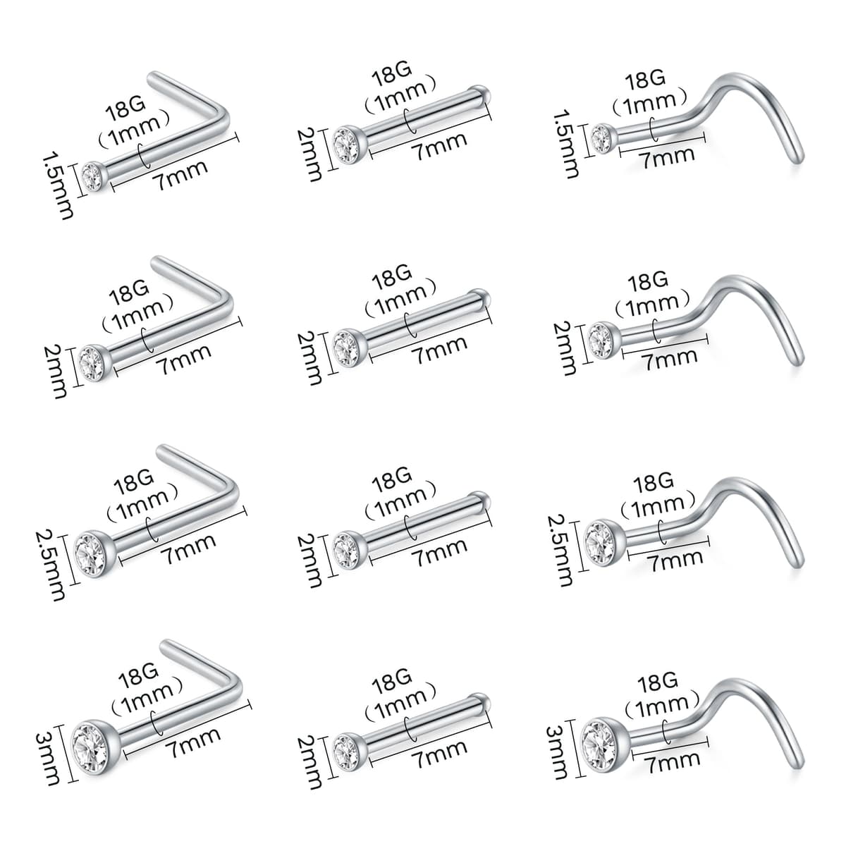 AVYRING Nose Rings Hypoallergenic Stainless Steel L-Shaped Nose Stud Screws with Cubic Zirconia Nose Piercing Jewellery 22G 20G 18G, Pack of 18 Pieces or 24 Pieces — view 2