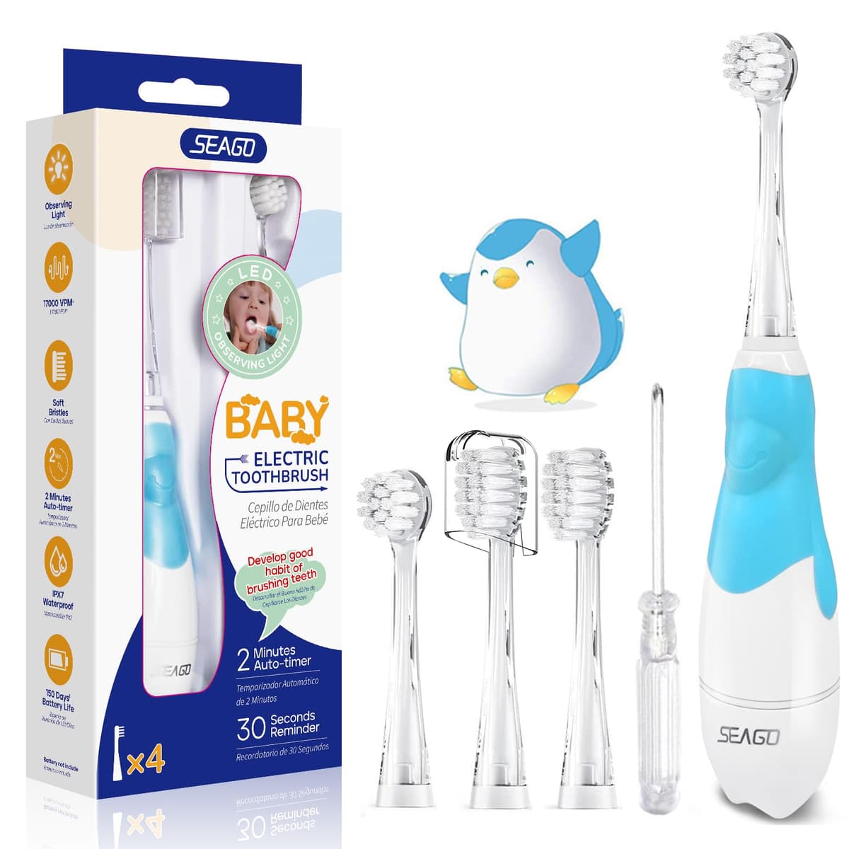 Seago Cepillo de Dientes Infantil Eléctrico Para Niños 3–12 Años Kids Con Luz de Colores,Temporizador Inteligente de 2 minutos,4 Cabezales Suaves SG-EK6/SG-977 (Rosa) — view 22
