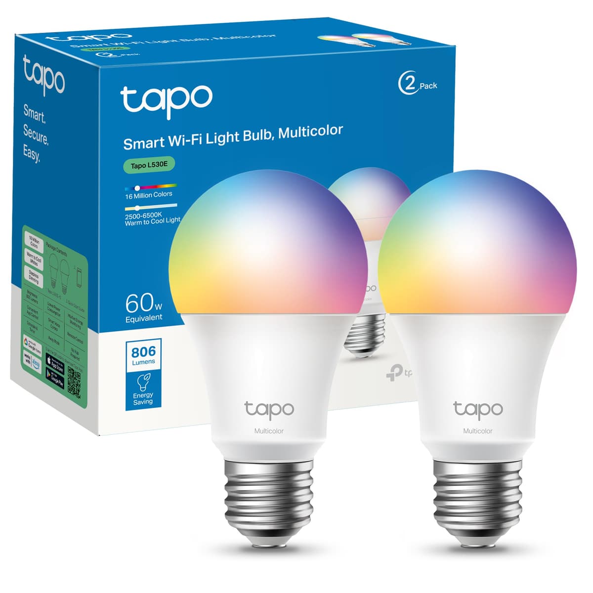 Tapo L530E – Bombilla LED inteligente Wi-Fi, multicolor, regulable, casquillo E27, 8.3W, 806 lúmenes, compatible con Alexa y Google Home, paquete de 2 (paquete de 1)