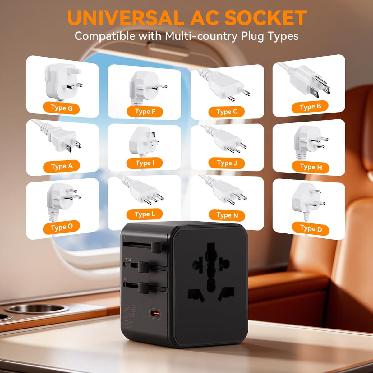 Auxmir Adaptador Enchufe Universal, Adaptador Internacional con 3 USB-C y 2 USB-A (PD 45W), Adaptador Universal para Europa, Reino Unido, Estados Unidos, Canadá, Australia (212 países), Negro — view 5