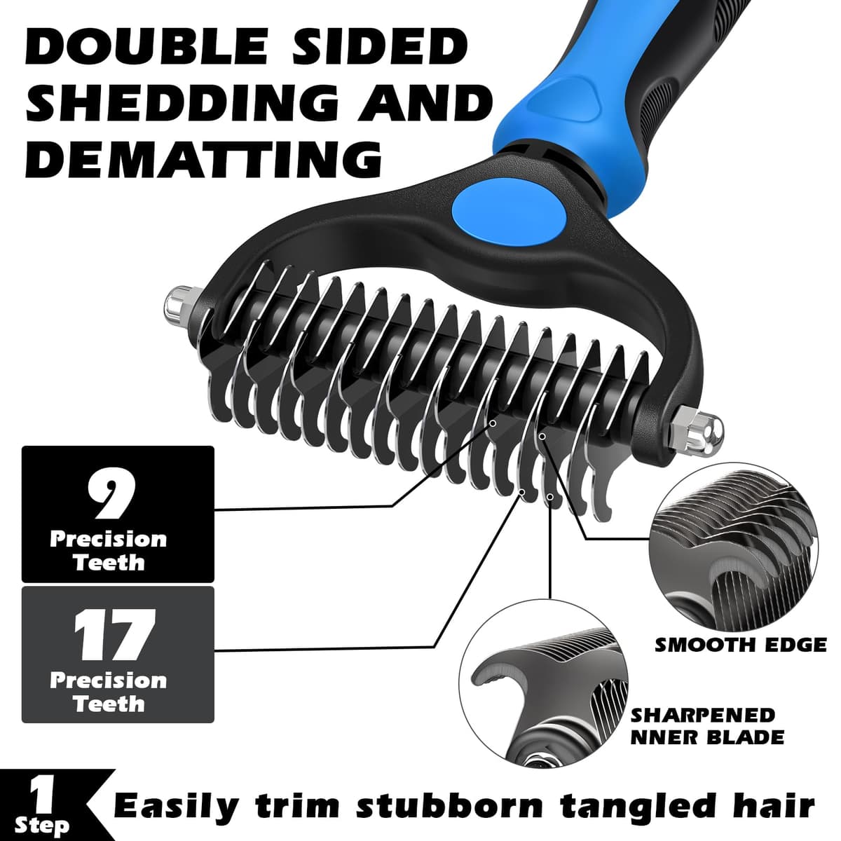 3PCS Self Cleaning Slicker Brush & Pet Grooming Rake & Flea Comb for Dogs, Cats and Horses | Double-Sided Dematting Comb & Skin Friendly Deshedding Grooming Tool | Premium Pet Supplies (Blue) — view 3