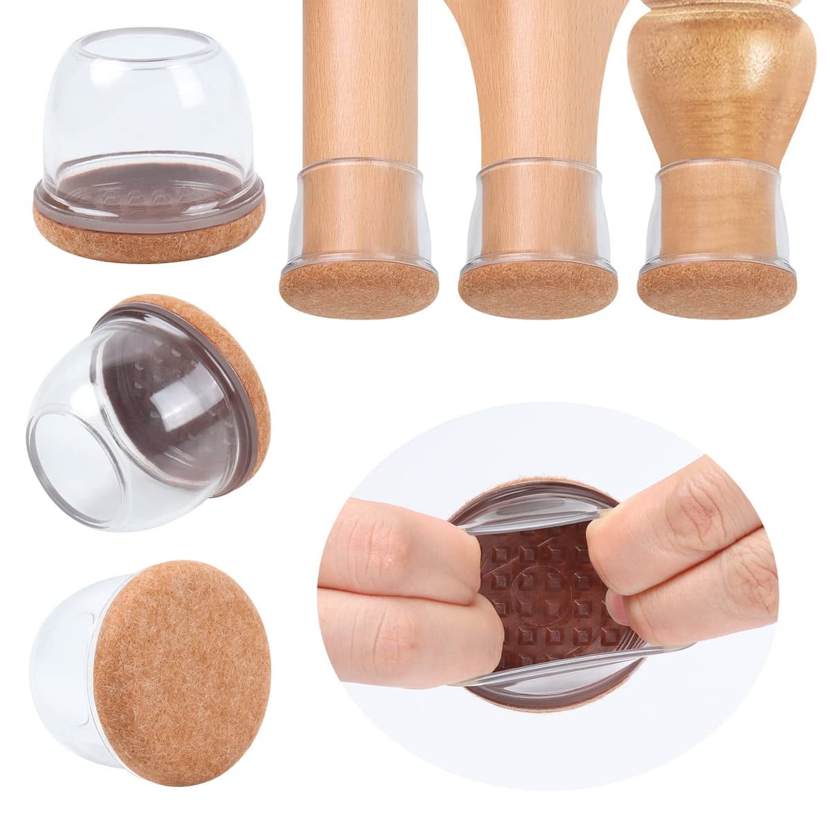 Ezprotekt Protectores de Suelo Transparentes para Patas de Silla 20-28mm, 16 Tapones de Silicona con Fieltro Envuelto, Fundas de Silicona Redondo — view 61