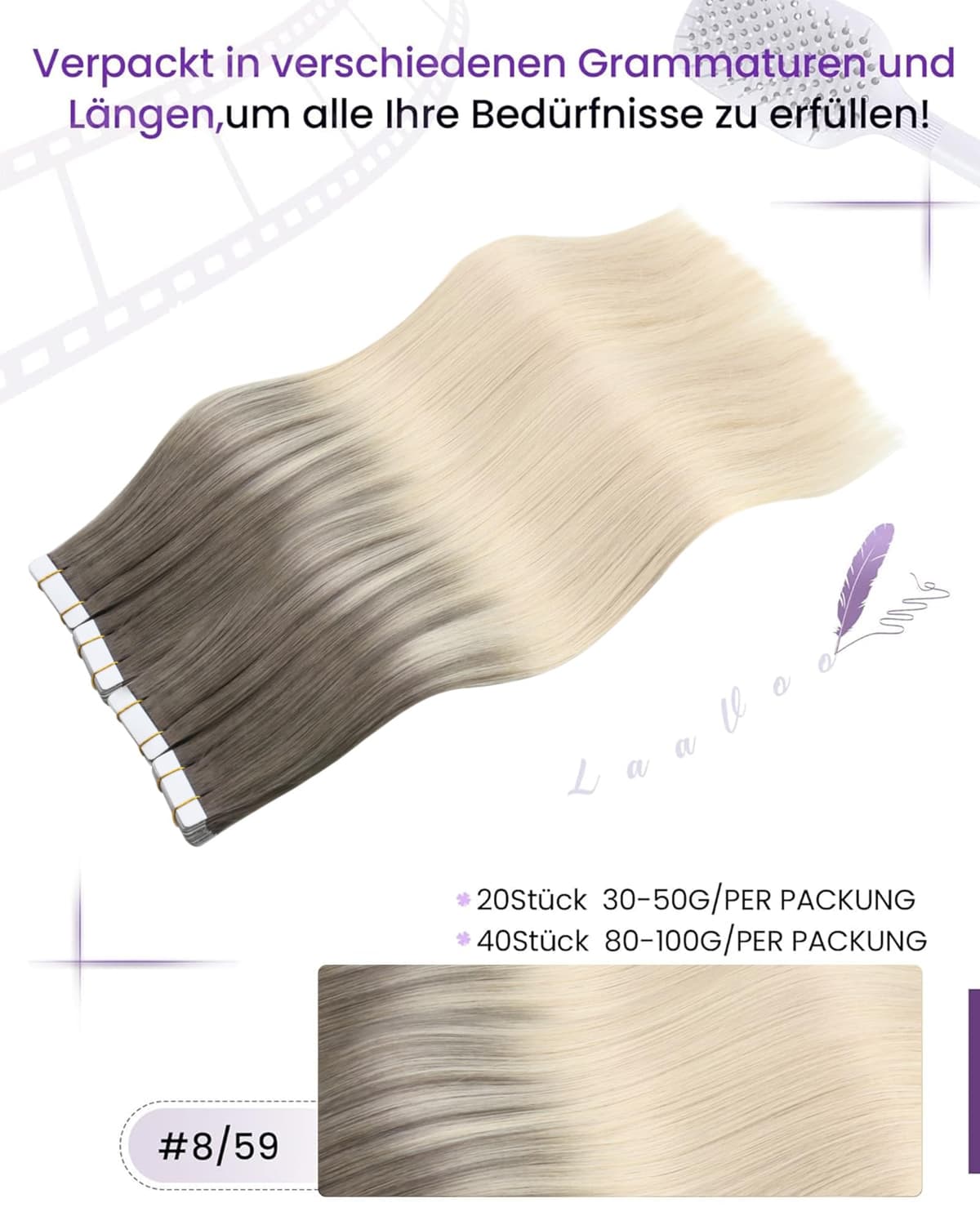 LaaVoo Tape in Hair Extensions Human Hair Blonde Tape Hair Extensions Real Human Hair Invisible Tapes Remy Straight Balayage Brown to Blonde Hair Double Sided Tabs 20pcs 50g 16 Inch #8/18/60 — view 134