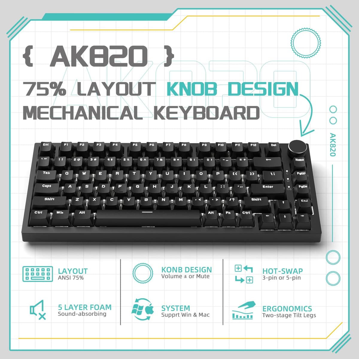 YINDIAO Ajazz AK820 Teclado Mecánico con Perilla,Diseño 75% ANSI,82 Teclas,Teclado para Juegos con Cable,5 Espumas Absorbentes de Sonido,Hot-Swap,Interruptor Rojo,Luz Blanca Hielo,para PC,Mac (Negro) — view 2