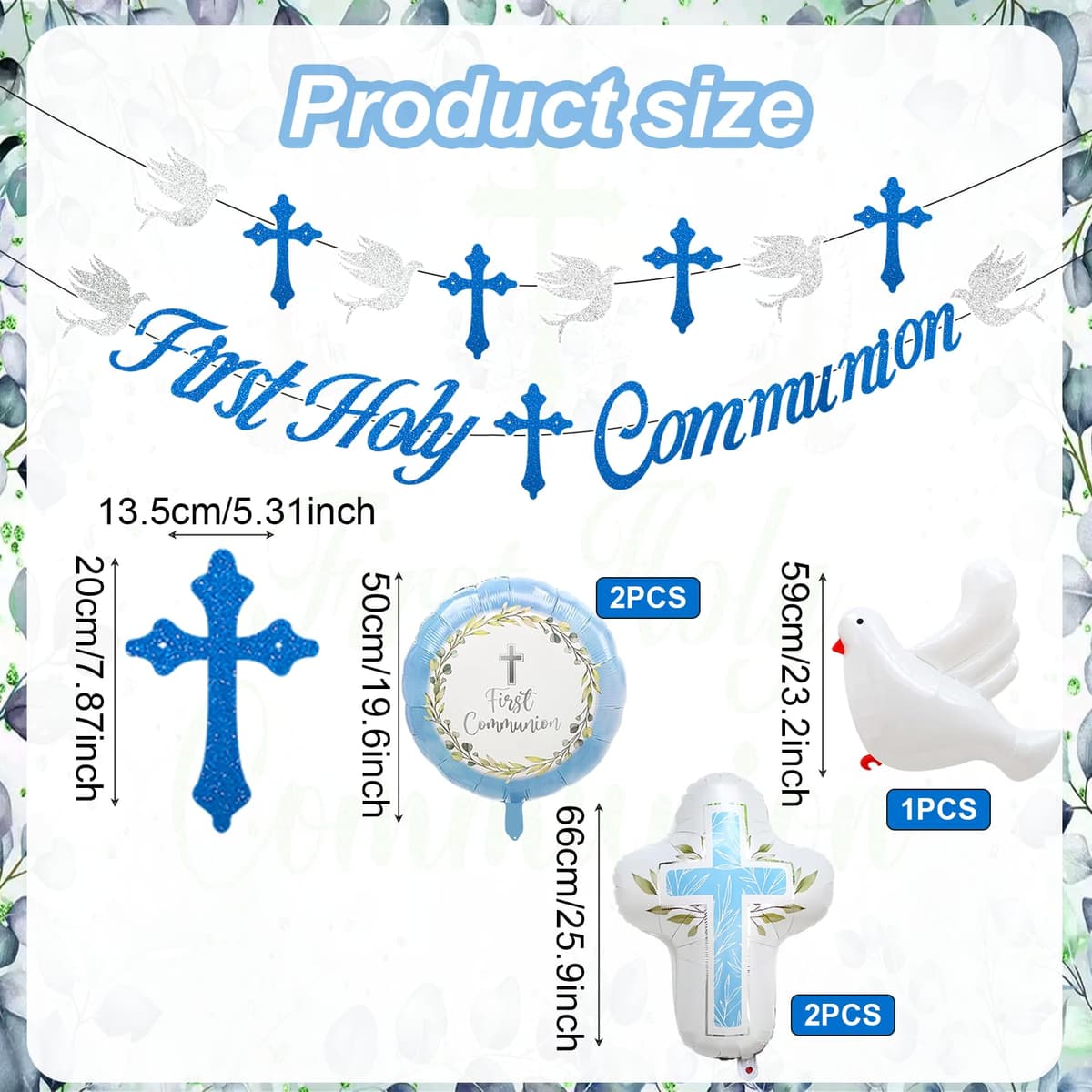 First Holy Communion Decorations Blue Set Communion Banner Communion Foil Balloons Dove Cross Party Supplies Boys Girls First Communion Decorations Confirmation Decorations Church Party Backdrop Kit — view 3