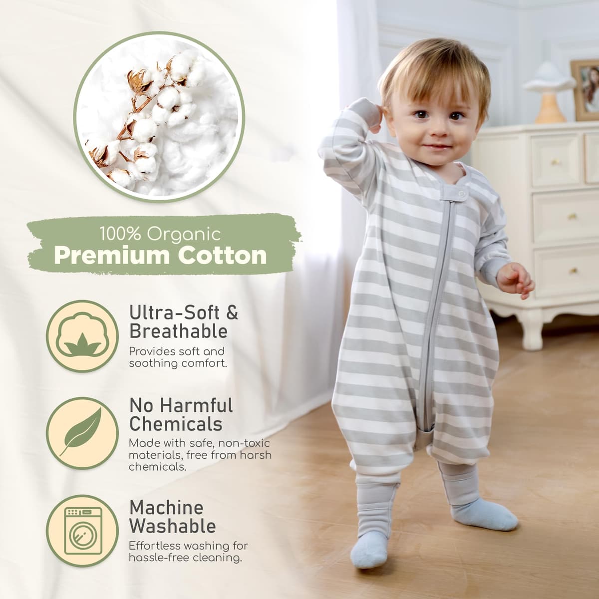 Mama Cheetah Toddler Sleep Sack with Feet, Long Sleeve 0.5 TOG Organic Cotton Baby Sleeping Bag with Legs, Wearable Blanket for Walkers with 2-Way Zipper, Toddler Blanket for Girls Boys 2T, 2-Pack — view 2