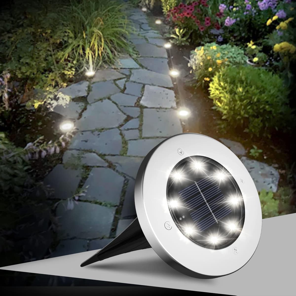 FLOWood Solar Lights Outdoor Garden, 8 H Working 600mAh Solar Floor Lights Outdoor Solar Ground Lights IP65 Waterproof 8 LED Solar Path Lights for Garden Lawn Pathway Patio White 8 Pieces — view 2