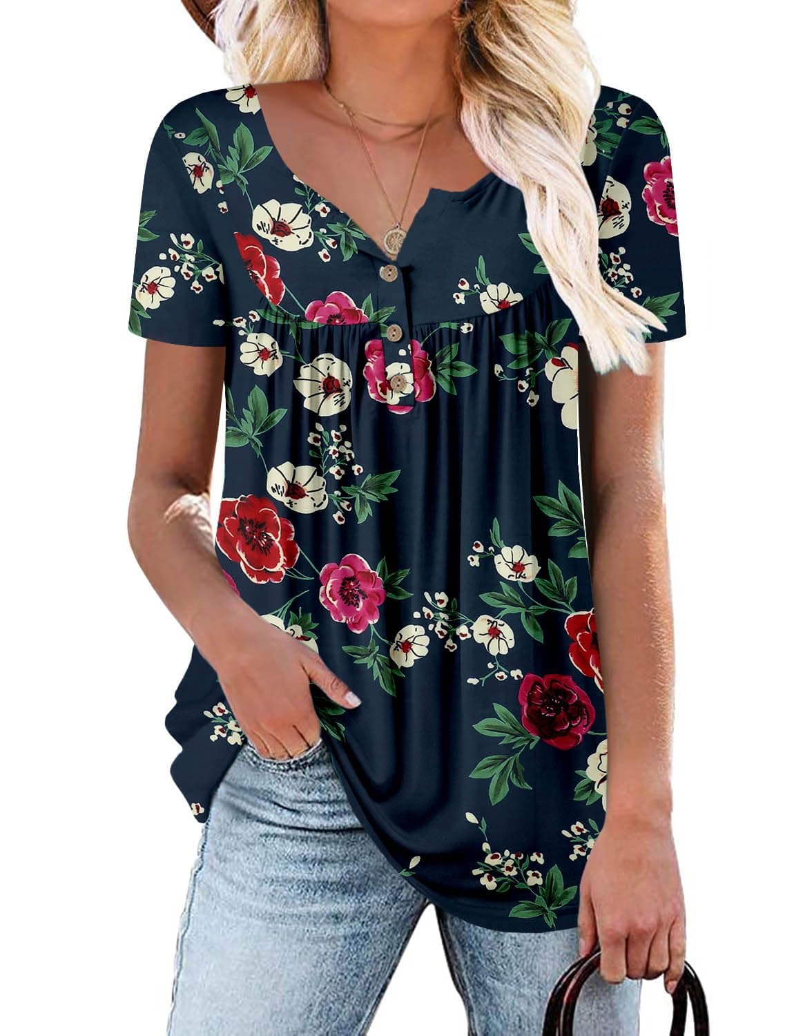 KISSMODA Ladies Pleated Tunic Tops for Women Buttons up Long Sleeve Shirts Floral Print — view 28