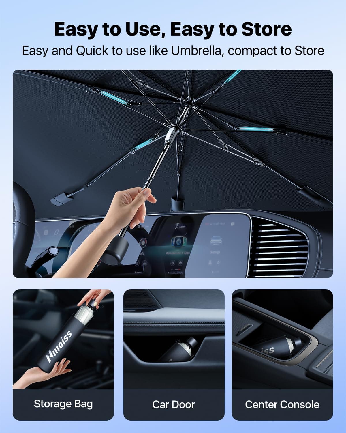 [Upgraded] Nmoiss Windshield Sun Shade Umbrella - [Vinyl Coating Heat Shield] Protect Car from Sun Rays & Heat Damage Keep Cool and Protect Interior, Spring Structure Edge Medium 56" L x 31" W — view 6